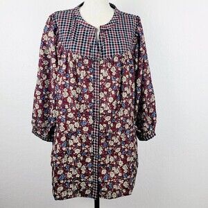Pol Top L Burgundy Blue Mixed Floral Plaid Button-Front 3/4 Sleeve‎ Peplu…